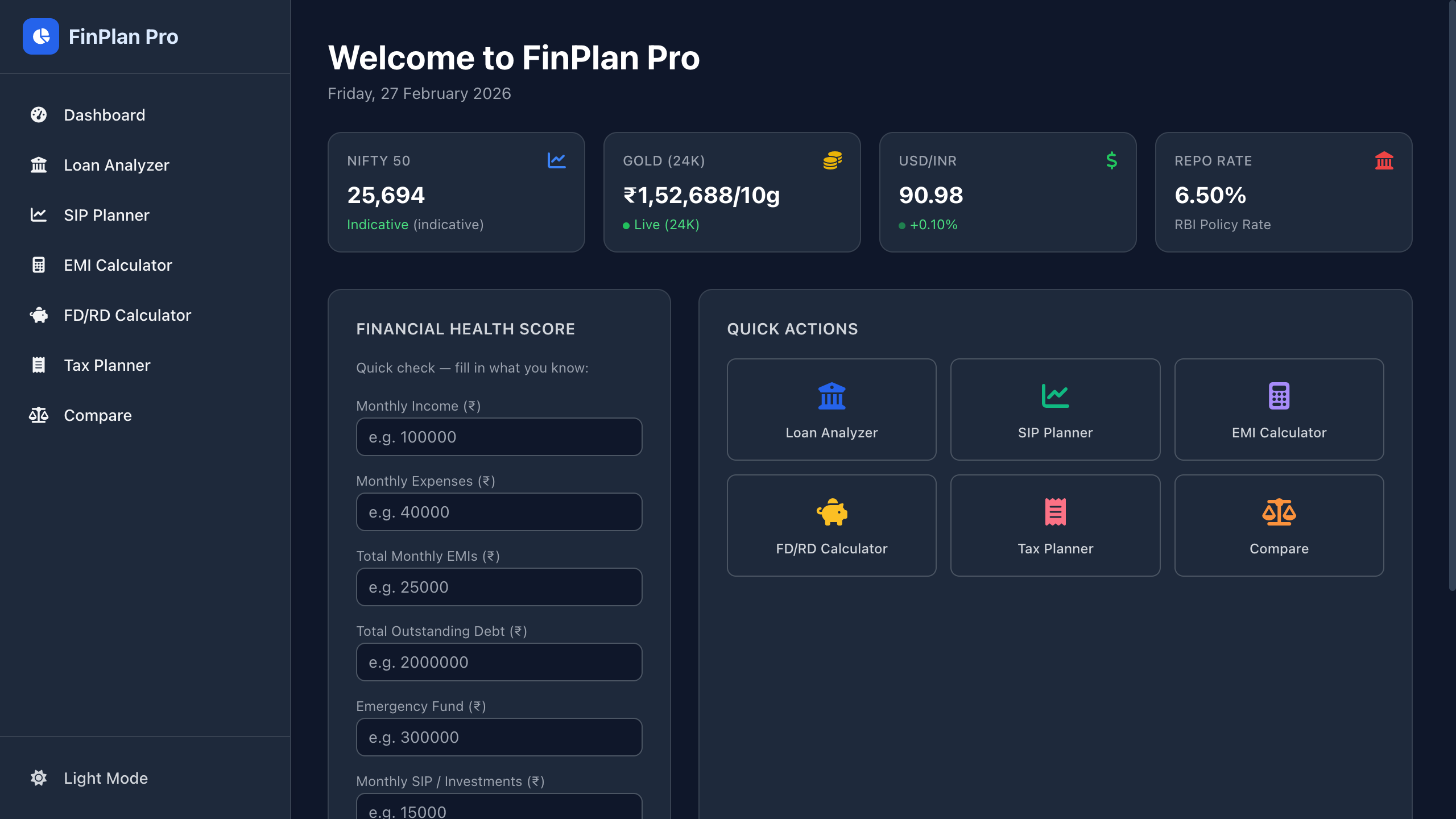 FinPlan Pro dashboard